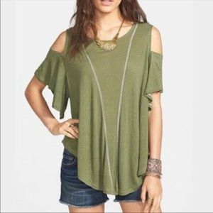 We the Free Green Cold Shoulder Flutter Sleeve Top